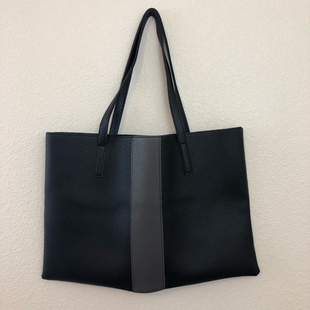 Vince Camuto black gray stripe leather tote pocket